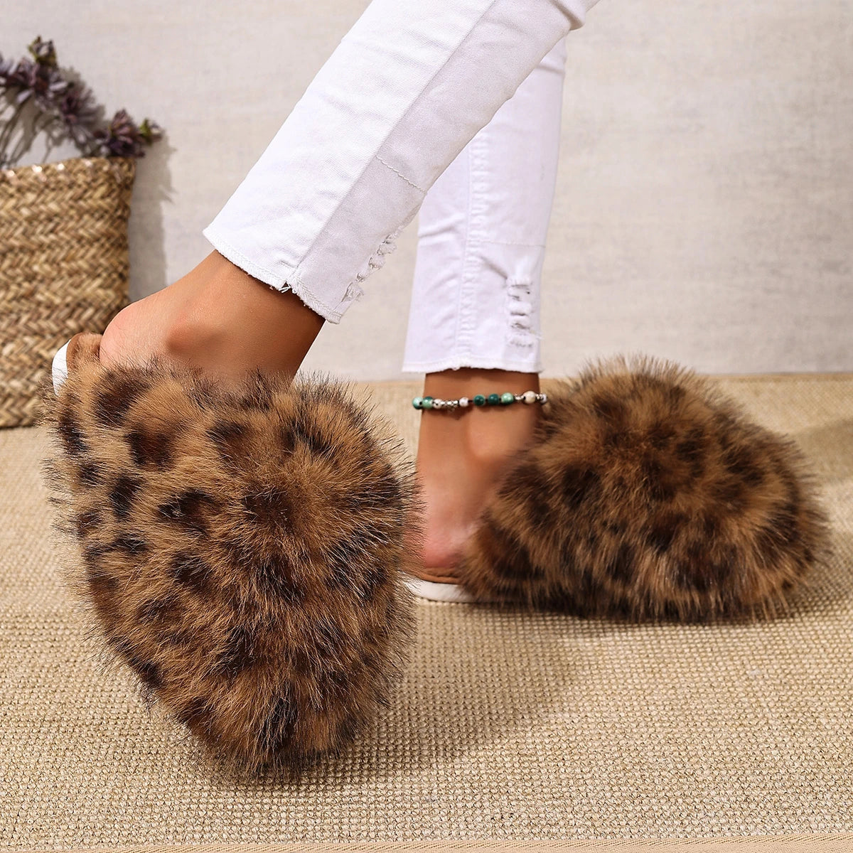 Faux Fur Leopard Pattern Soft Sole Indoor Ladies Shoes