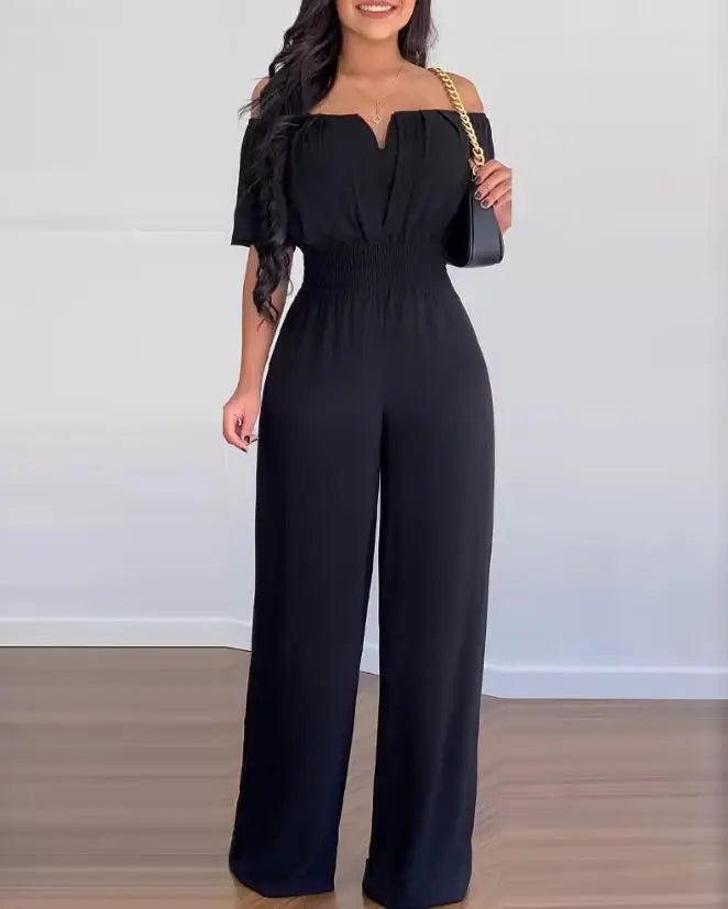 Fashion Off Shoulder Casual Plain Short Sleeve Shirred Waist Daily Long Wide Leg Jumpsuit