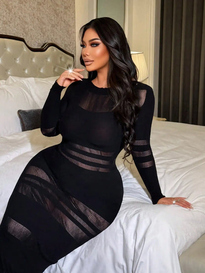 Long Sleeve Midi Dress Sheer Mesh Stripe Pattern Patchwork Bodycon Dresses