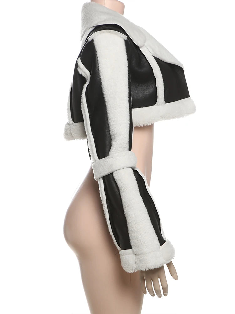 Furry Patchwork Women Crop Jacket Hipster Full Sleeve Open Stitch Hipster Streetwear Warm Outwear Basic Wild Coat
