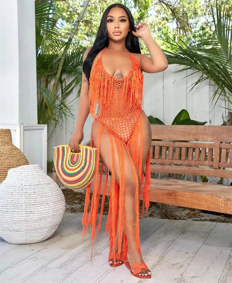 Knitted Tassel See Through Holiday Beach Bodysuits