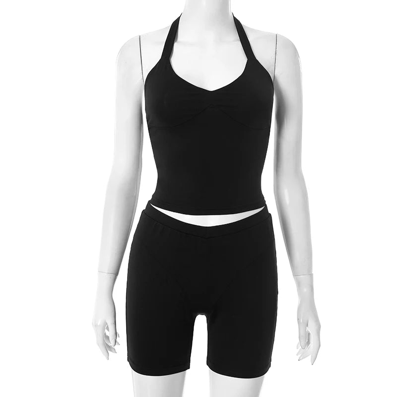 Halter Backless Vest + Stretchy Short Matching Sets