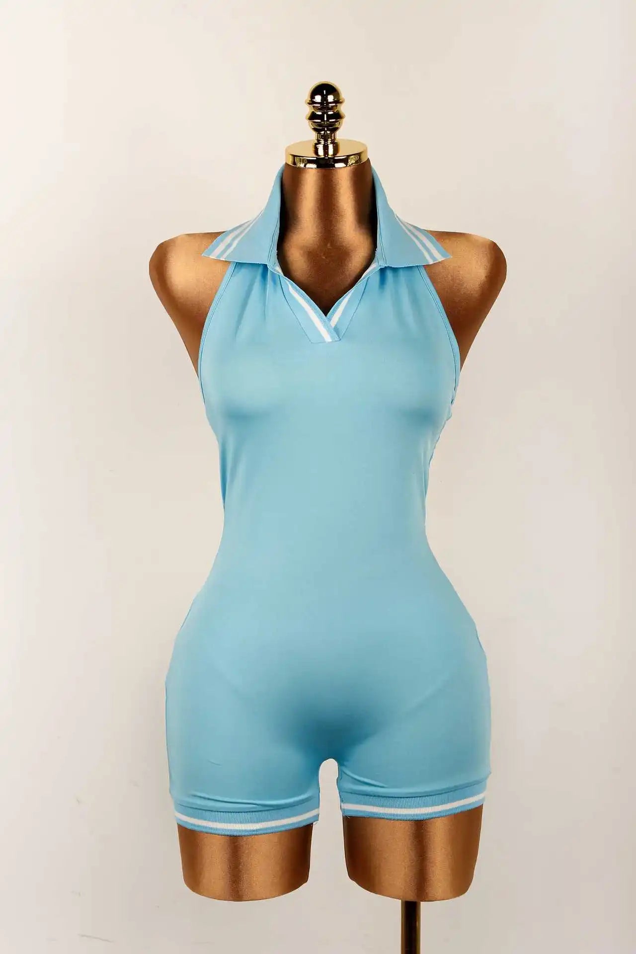 Stripe Halter Lapel Sleeveless Backless Bodycon Jumpsuits