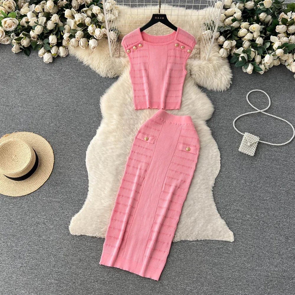 Knitted 2 Pcs. Buttons Crop Top Tanks + Slit Midi Skirt Set