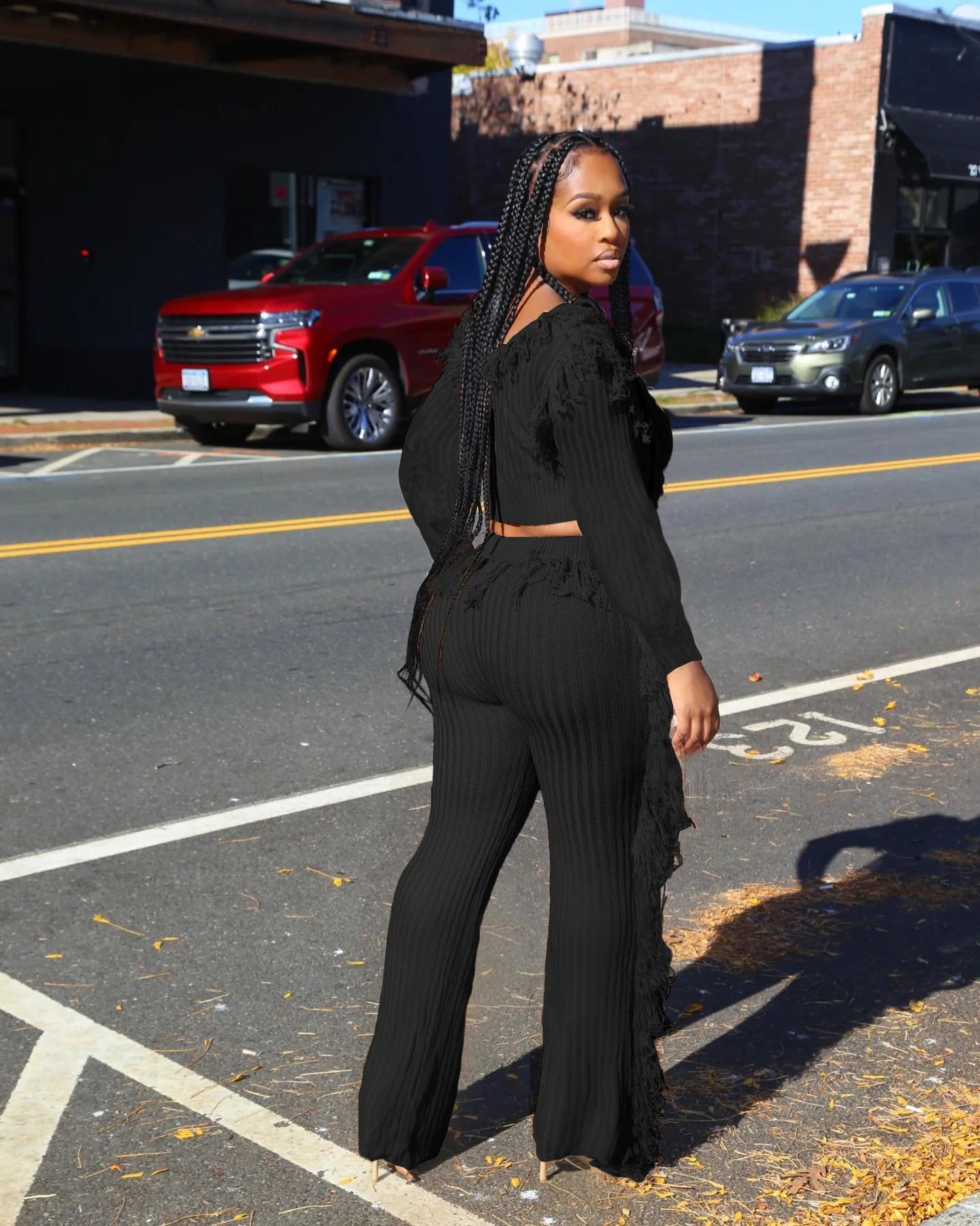 Brittney Tassel Knit Long Sleeve Crop Top and Pants Sets