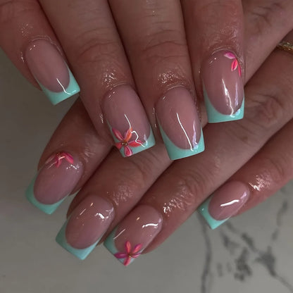 24pcs Mid-length Press on Nails Pink French Full Cover Flower Design Fake Nail Reusable Pearl False Nail with Jelly Glue Nails