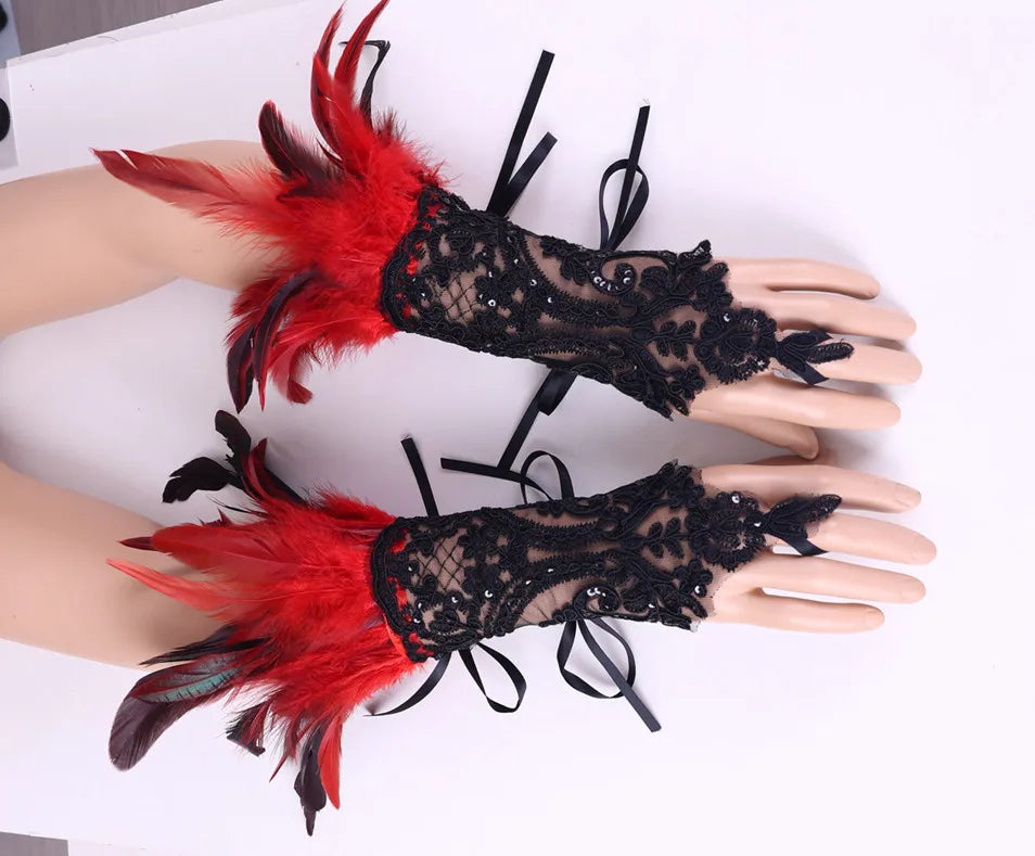 Daniella Feather Cosplay Lace Wrist Gloves (Furry Accessories)