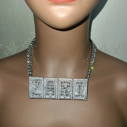 Square Letters Cubic Zircon Name Necklace Personalized Nameplate With Rhinestone Cuban Chain Jewelry