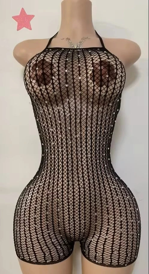 Hollow-out Rhinestone Patchwork Bodycon Halter Sleeveless Backless Lingerie