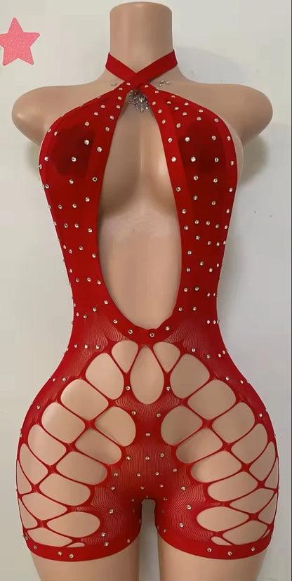 Hollow-out Rhinestone Patchwork Bodycon Halter Sleeveless Backless Lingerie
