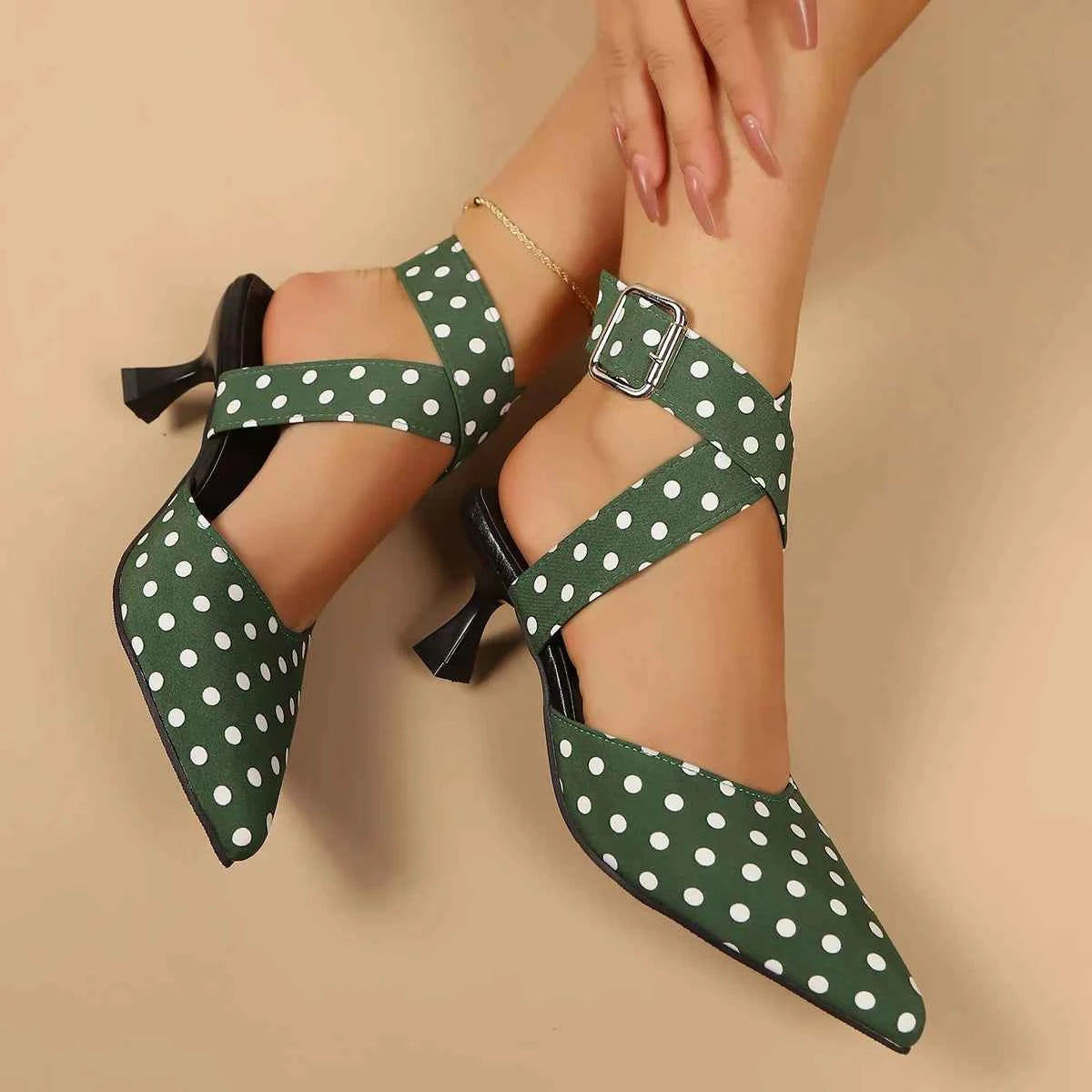 New Polka Dot Slip-On Buckle Strap Elegant Footwear for Women