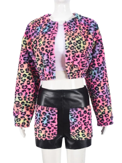 2 Piece Set Attractive Matching Outfits Open Stitch Full Sleeve Crop Coats + Fur Pockets Patchwork Short Sets