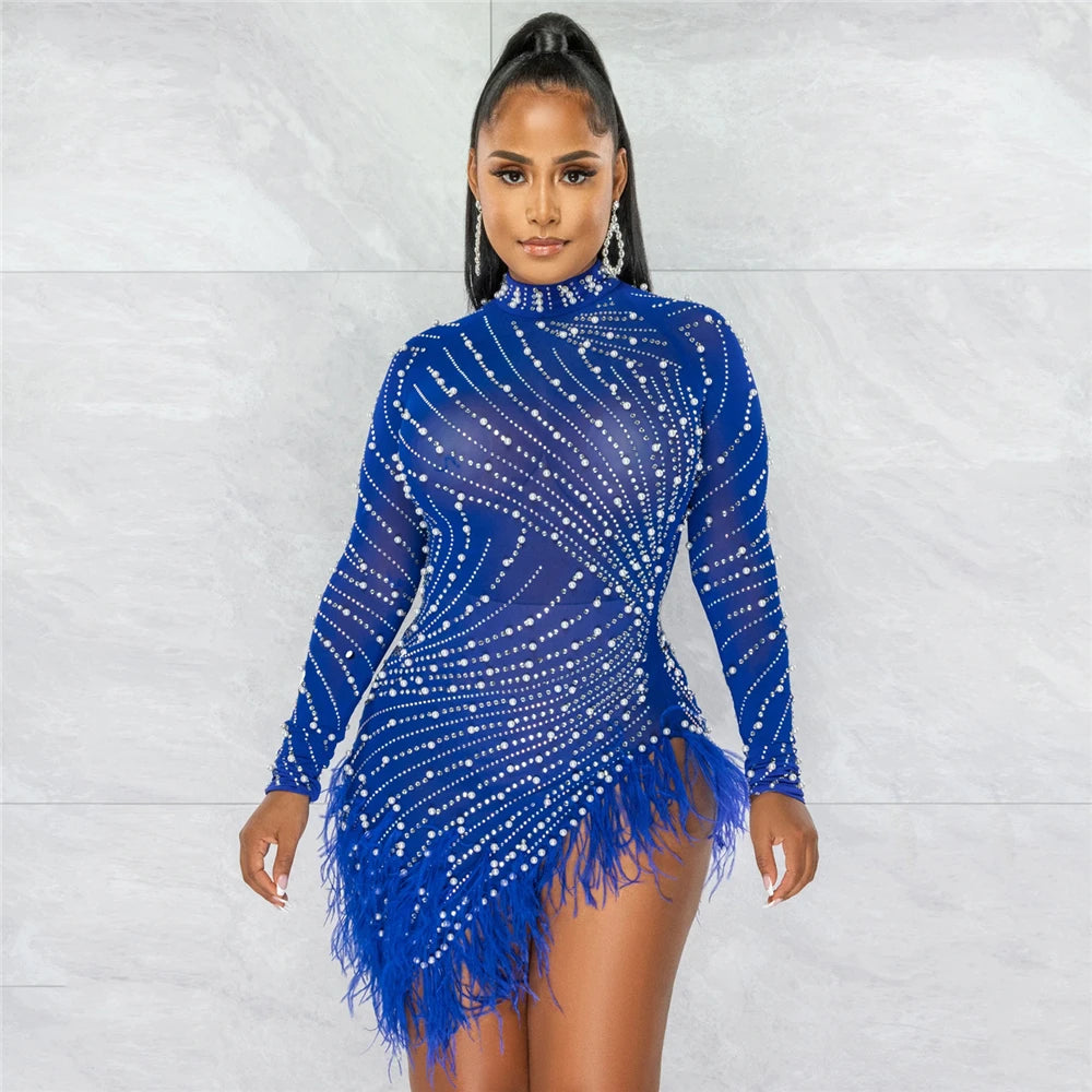 iDress Sexy Pearls Rhinestone Party Dresses Women Elegant Nightclub Feather Birthday Dress Long Sleeve Mesh Sheer Bodycon Dress