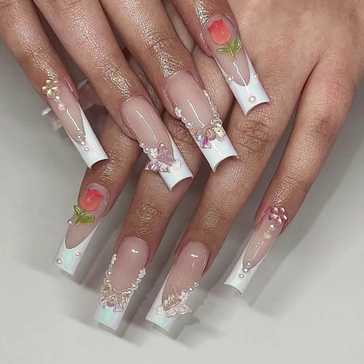 24Pcs Long Ballet False Nails Pink Butterfly with Rhinestones French Design Wearable Fake Nails Glitter Press on Nails Tips Art