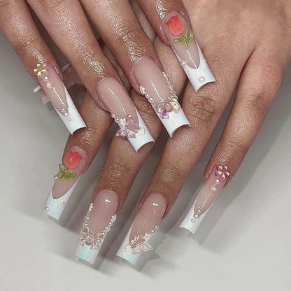 24Pcs Long Ballet False Nails Pink Butterfly with Rhinestones French Design Wearable Fake Nails Glitter Press on Nails Tips Art