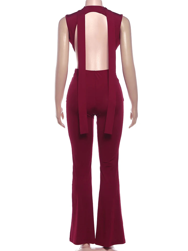 Deep V-Neck Metal Buckle Ruched Cross Bandage Jumpsuits