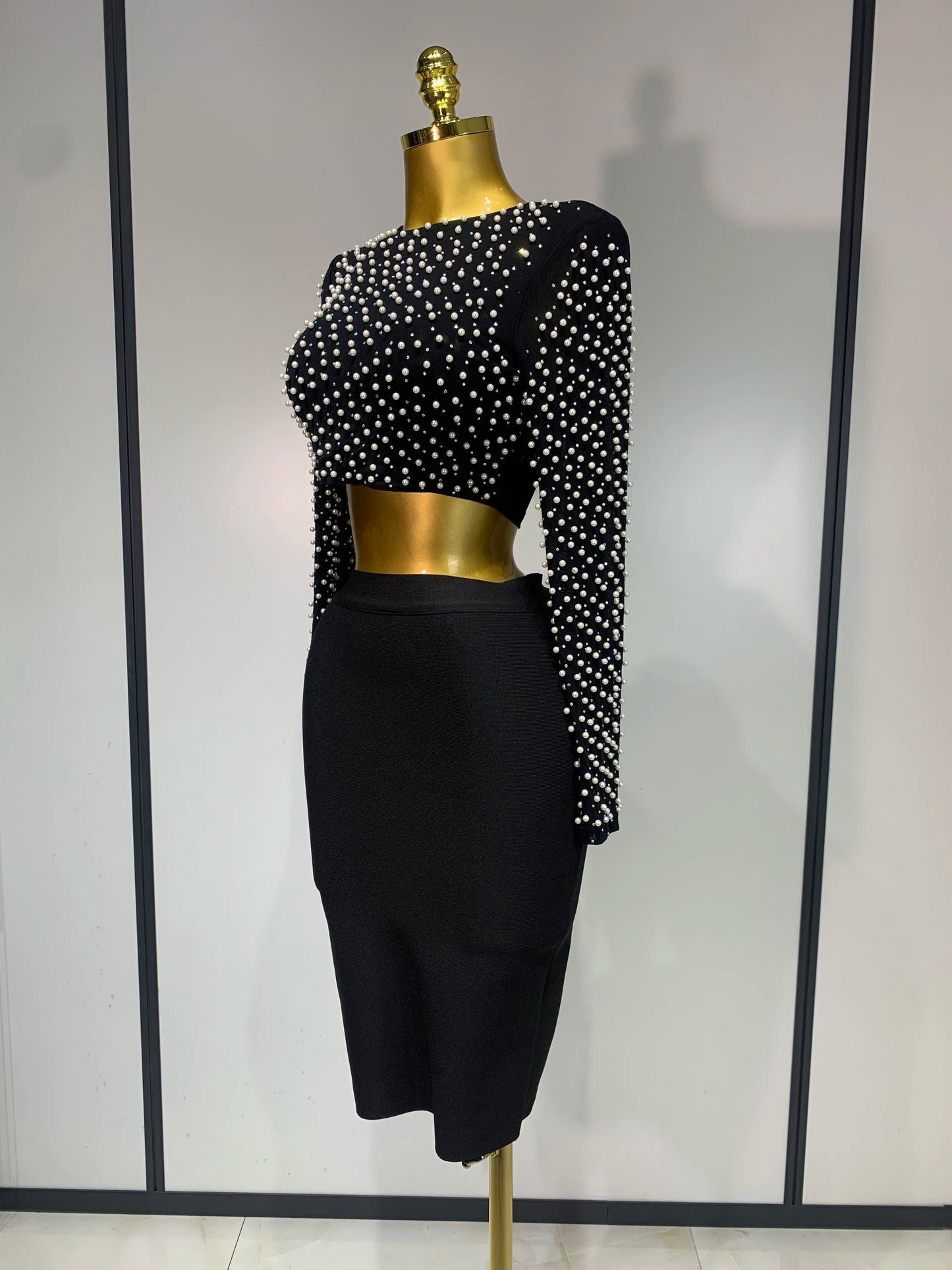 Celebrity Long Sleeve Mesh Pearl Top + Midi Skirt Sets