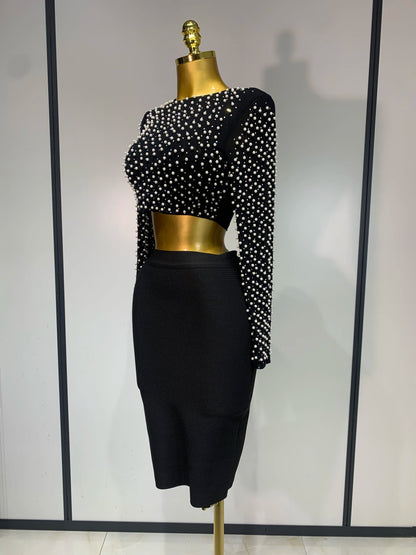 Celebrity Long Sleeve Mesh Pearl Top + Midi Skirt Sets