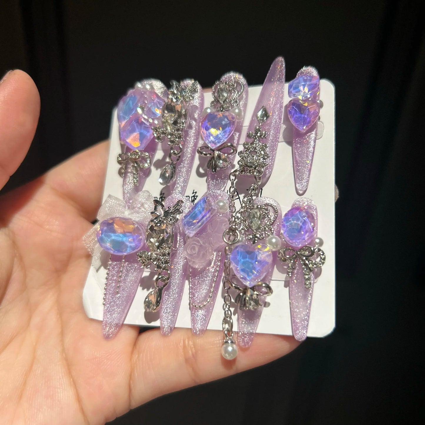 Glitter Press On Nails with Iridescent Heart Rhinestones, Long Stiletto Y2K Fake Nails with Silver Chains
