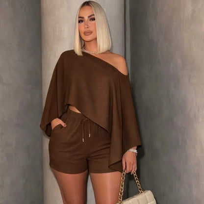 Irregular Shoulder Crop Top + Shorts Matching Sets