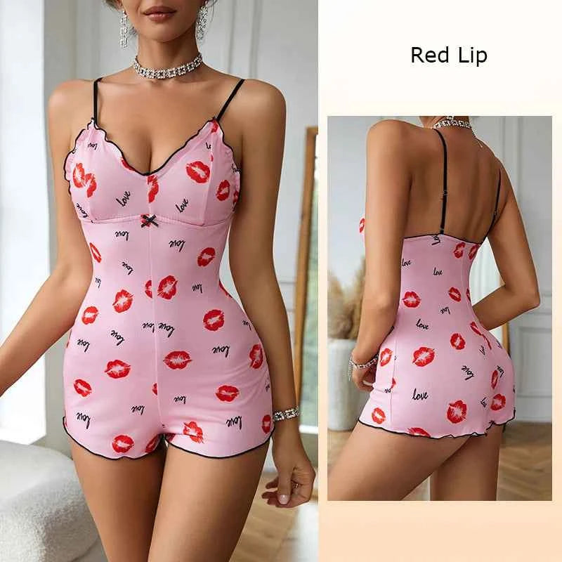 One Piece Red Lip Printed Sleeveless Night Onsie