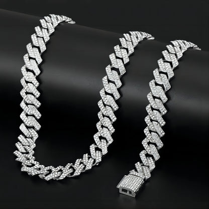 Punk Cuban Chain Stylish Sliver Cuban Chain+Bracelet 2-in-1 Set Personality Trend Street Style Jewelry Gift