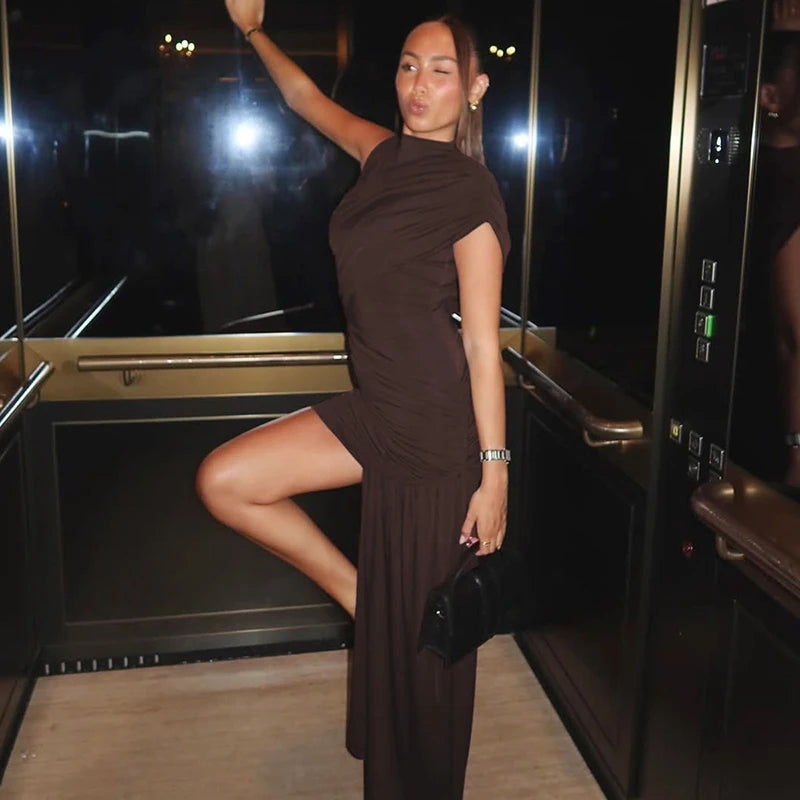 Elegant Turtleneck Sleeveless High Waist Pleated Dresses