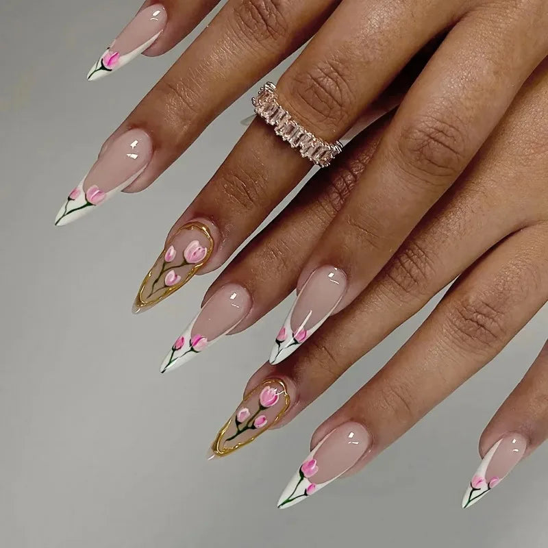 24Pc Long Stiletto Press on Nails Cherry Pink French False Nails with 3D Bow Pearls Design Detachable Acrylic Fake Nail Art Tips