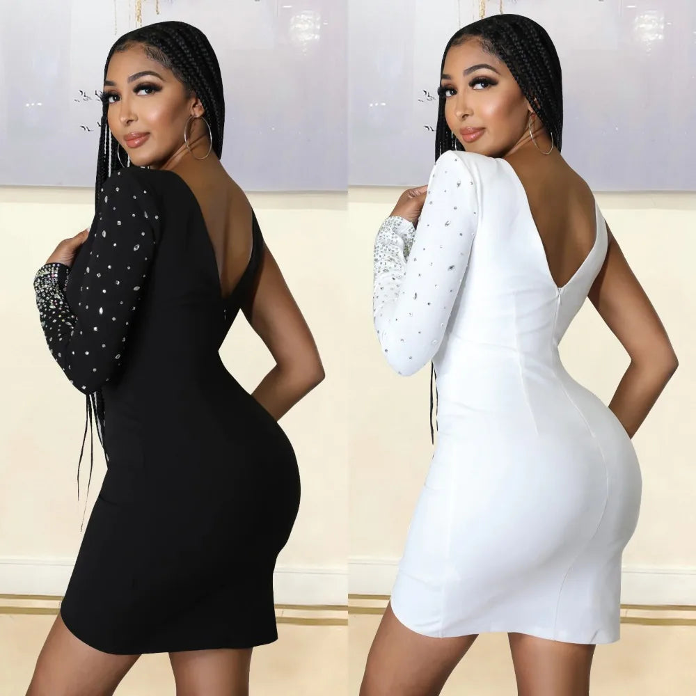 Quita Rhinestone One Shoulder Bodycon V Neck Mini Dresses Luxury Diamond