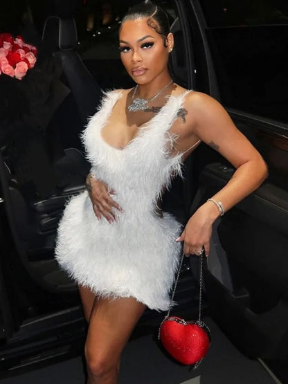 Furry Mini White Dress Hipster Spaghetti Strap Low Cut Backless Body-Shaping Vestidos Birthday Party Clubwear
