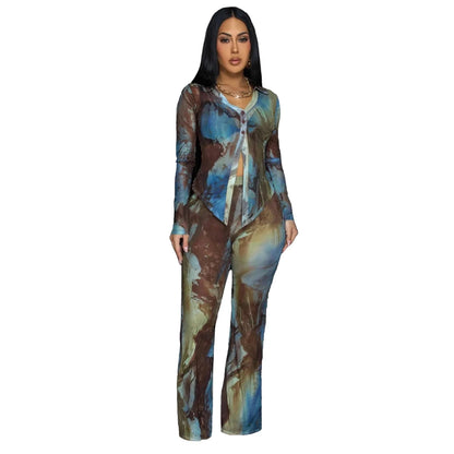Tie Dye Long Sleeve Lace-up Shirts + Flared Pants Sets