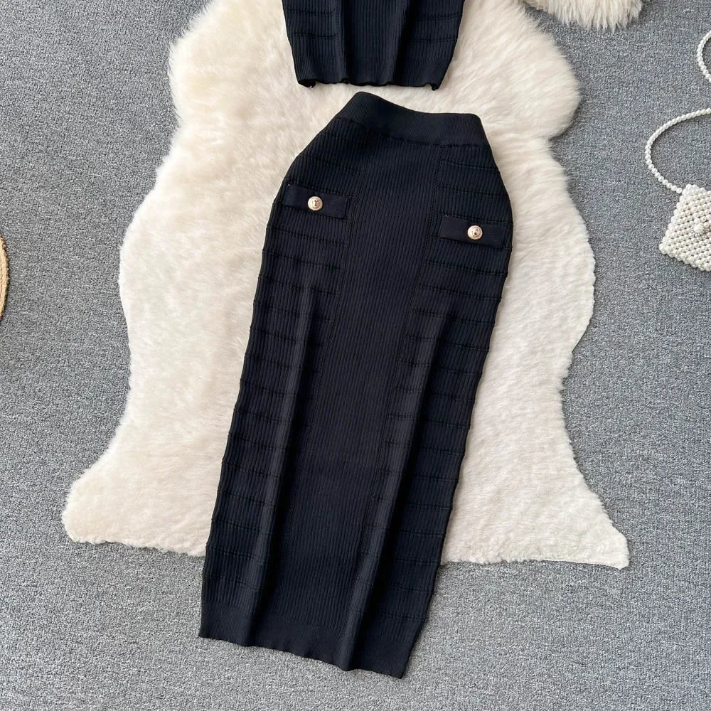Knitted 2 Pcs. Buttons Crop Top Tanks + Slit Midi Skirt Set