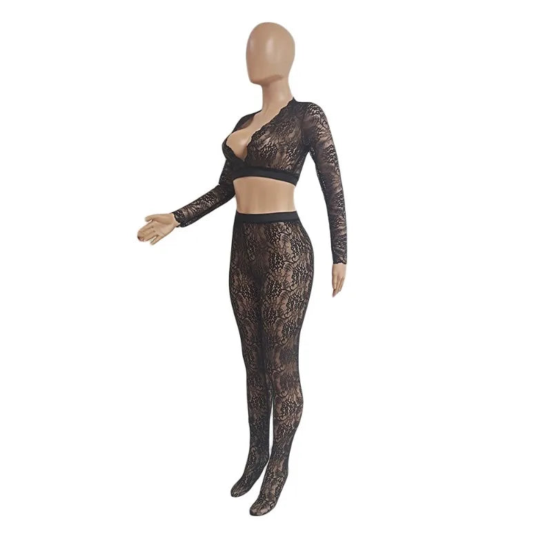 Sherry Sheer Lace 2 Piece Set V-neck Long Sleeve Crop Tops + Footed Leggings