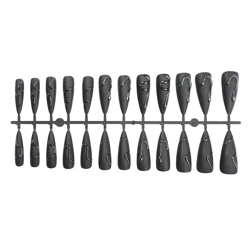 24pcs Halloween Dark Scrub Fake Nails Press on Nails Wearable y2k Nails Super Long Pointy Nails 3D Black Snake False Nails Tip