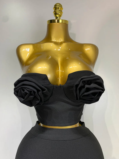New Arrival 3D Flower Black Bodycon Bandage Designer High Waist Skirt Set