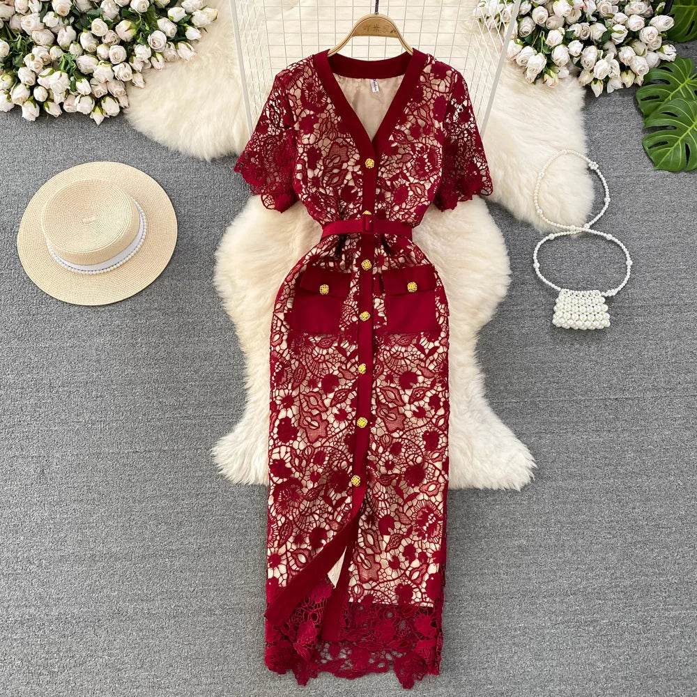 Floral Lace Dress V Neck High Waist Maxi Dresses