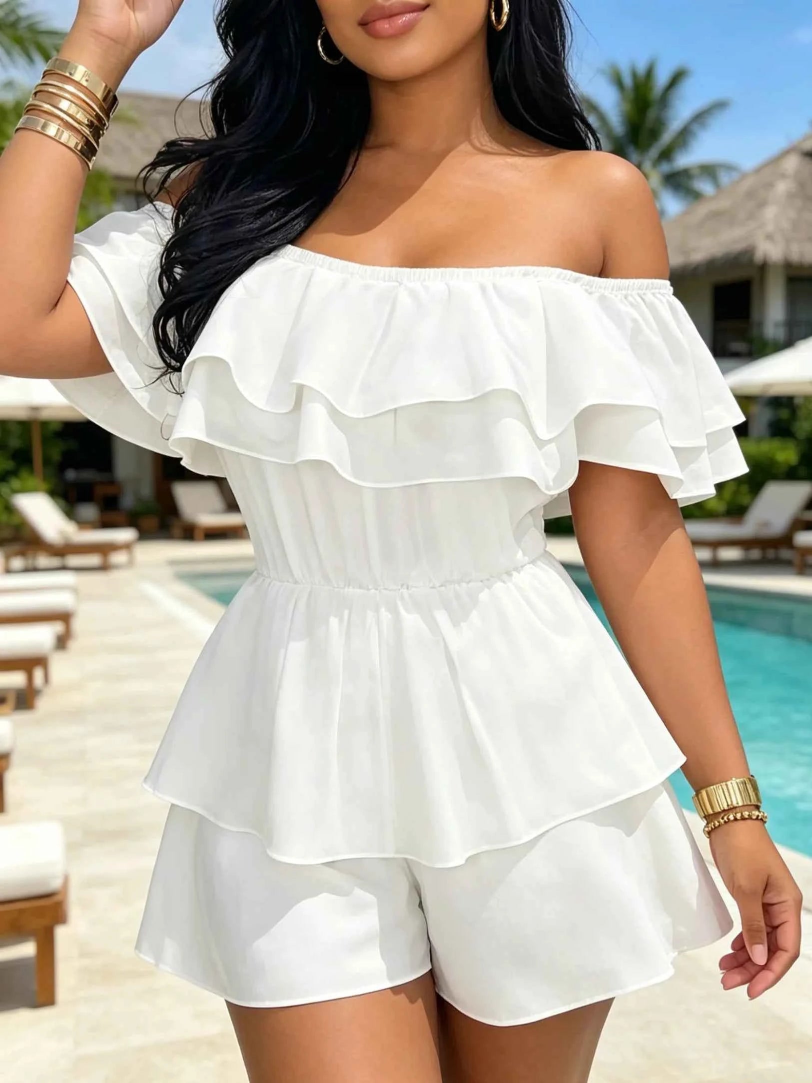 White Off Shoulder Ruffle Romper - Sweet Layered Ruffle Sleeve High Waist Tiered Mini Jumpsuit for Beach Vacation & Casual