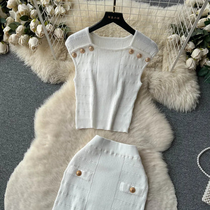 Knitted 2 Pcs. Buttons Crop Top Tanks + Slit Midi Skirt Set
