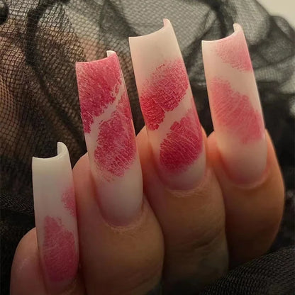 24Pcs Pink Butterfly Design False Nails Extra Long Coffin Fake Nails Wearable French Ballet Press on Nails Full Cover Nail Tips