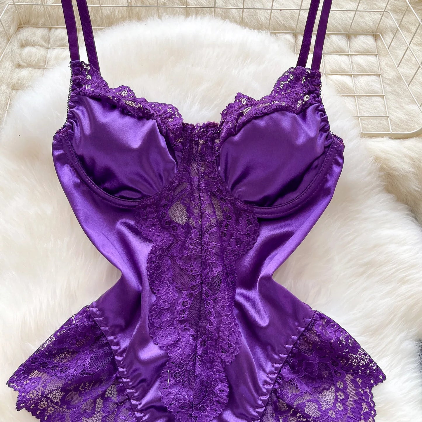 Satin Comfortable Strap Lace Spliced Sheer Lingerie