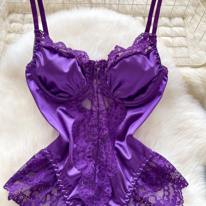 Satin Comfortable Strap Lace Spliced Sheer Lingerie