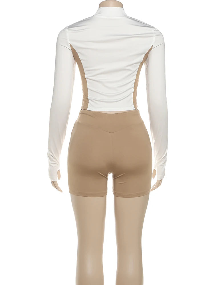 Daily Contrast Patchwork Full Sleeve Jacket+Shorts Simple Sporty Street Outfits