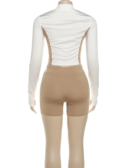 Daily Contrast Patchwork Full Sleeve Jacket+Shorts Simple Sporty Street Outfits