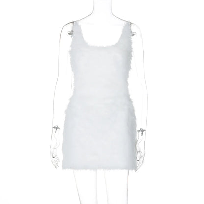 Furry Mini White Dress Hipster Spaghetti Strap Low Cut Backless Body-Shaping Vestidos Birthday Party Clubwear