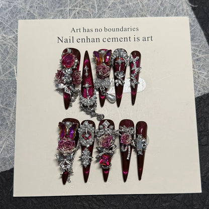 3D Handmade Long Coffin Stiletto Fake Nail Flowers Cat's Heart Diamond Metal Bow