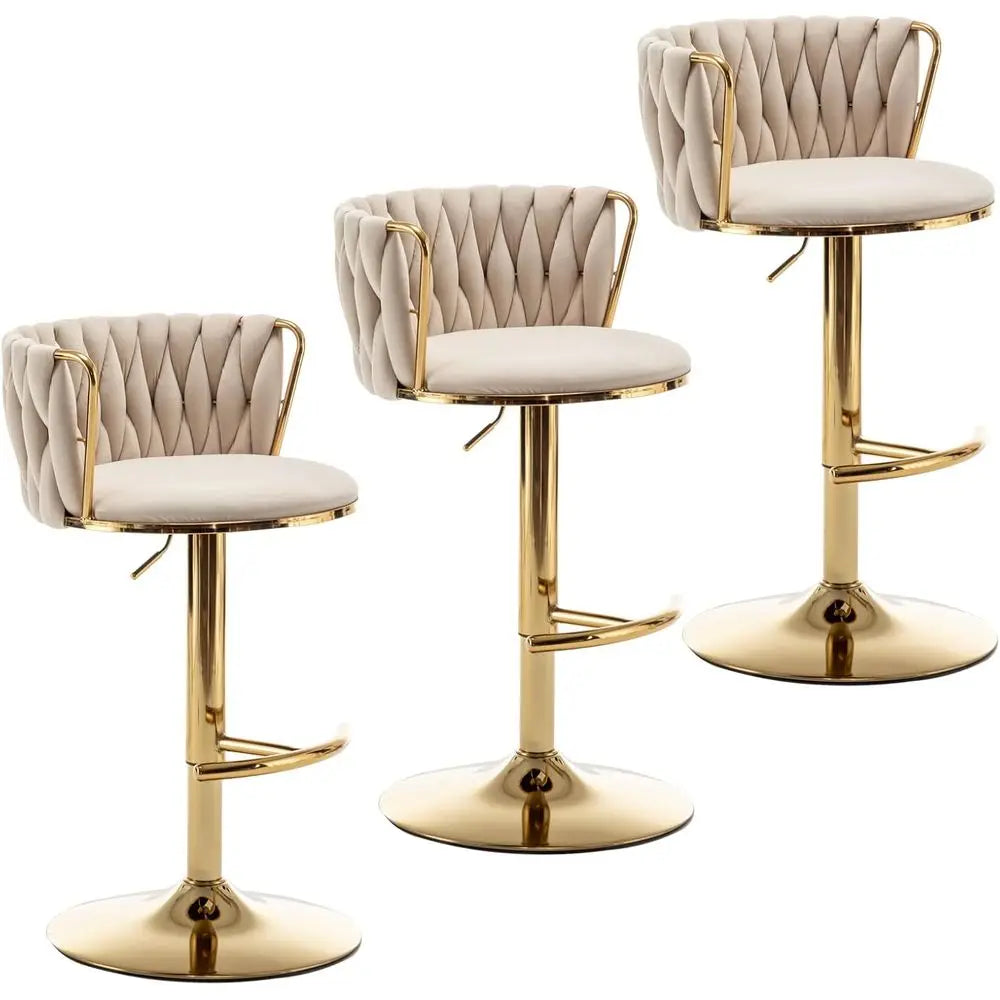 Set of 3 Beige Velvet Swivel Bar Stools, Adjustable Counter Height with Back, Ideal for Kitchen Island, Pub, Customized Furniture