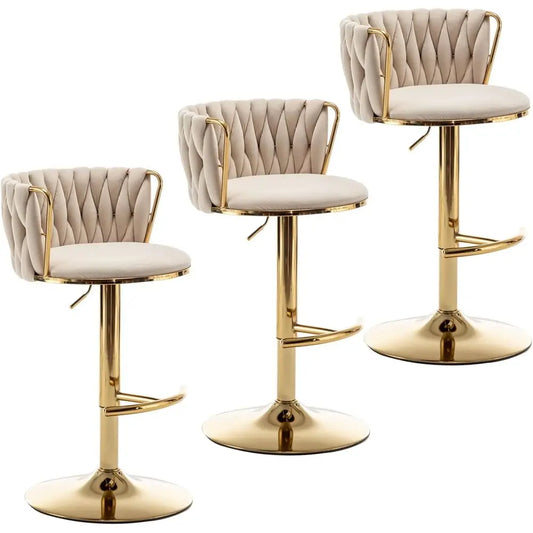 Set of 3 Beige Velvet Swivel Bar Stools, Adjustable Counter Height with Back, Ideal for Kitchen Island, Pub, Customized Furniture