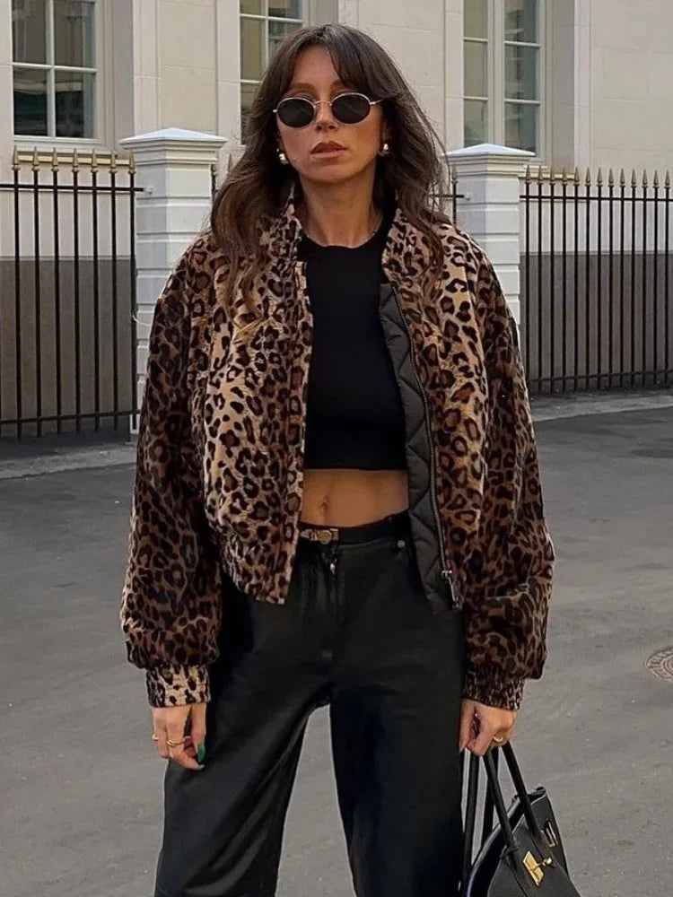 Vanity Leopard Print Zipper Long Sleeve Cropped Coat