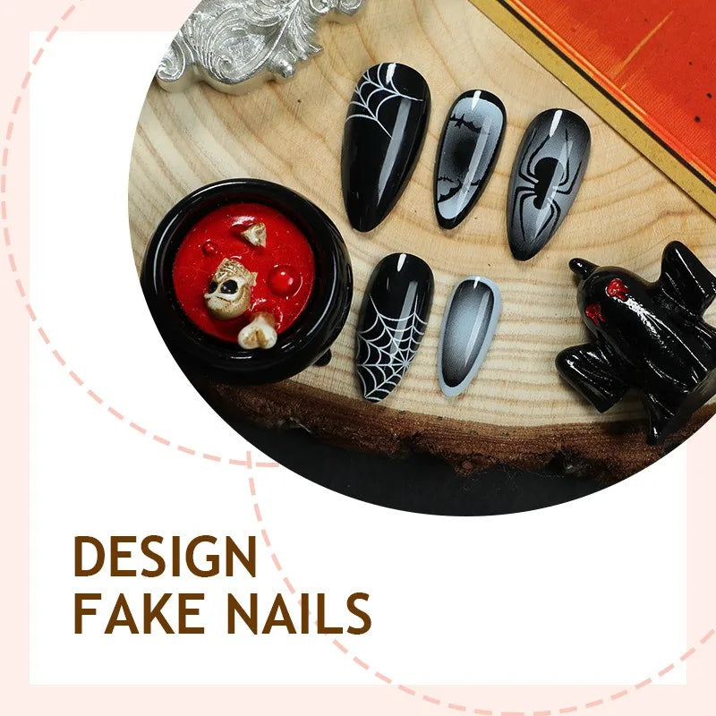 24PCS  Halloween False Nails Simple Dark Black Gradient with Spider Web Patterns French Fake Nails