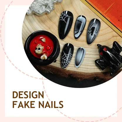 24PCS  Halloween False Nails Simple Dark Black Gradient with Spider Web Patterns French Fake Nails